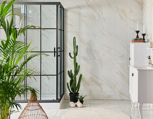 Bathroom glass shower door and plants