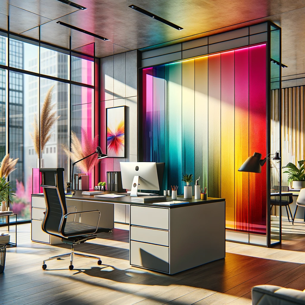 A vibrant office space featuring a desk and a colorful back painted glass wall