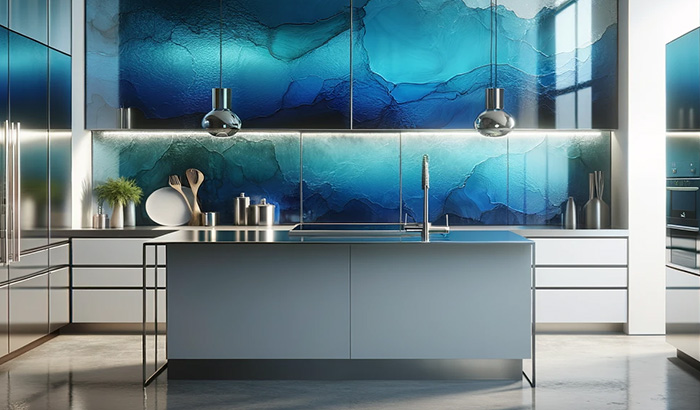 Blue Back Painted Glass Walls And A Spacious Island In A Modern Kitchen