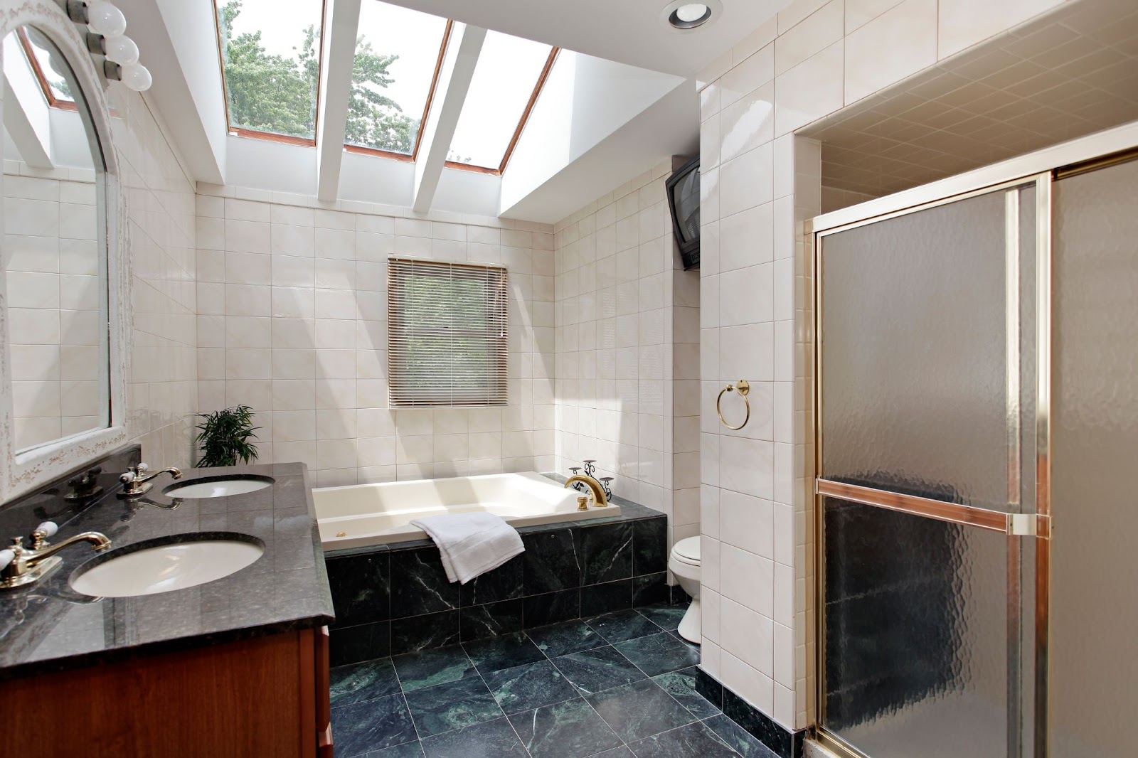 A luxurious bathroom featuring a skylight, bathtub, and floor-to-ceiling glass shower doors with a fancy glass design