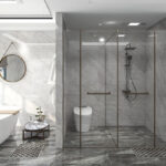 Contemporary bathroom design with marble flooring and glass shower.