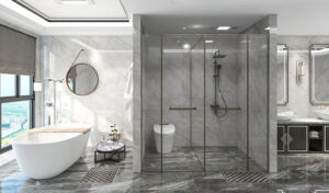 A modern bathroom with marble flooring and floor to ceiling glass shower doors