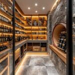 Stone wall and shelves in glass wine cellar with glass design.