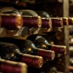 A collection of wine bottles lined up in a wine cellar, highlighting the diversity of wines in a rustic setting