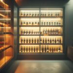 A cozy wine cellar showcasing numerous wine bottles alongside beautifully arranged wine glasses