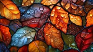 Colorful leaves with water droplets, arranged like stained glass.