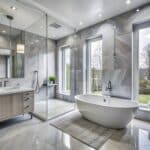 A stylish modern bathroom with a generous tub and an elegant shower, creating a serene and inviting atmosphere.