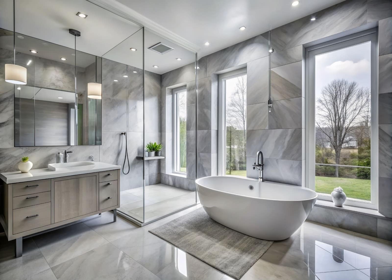 A stylish modern bathroom with a generous tub and an elegant shower, creating a serene and inviting atmosphere.
