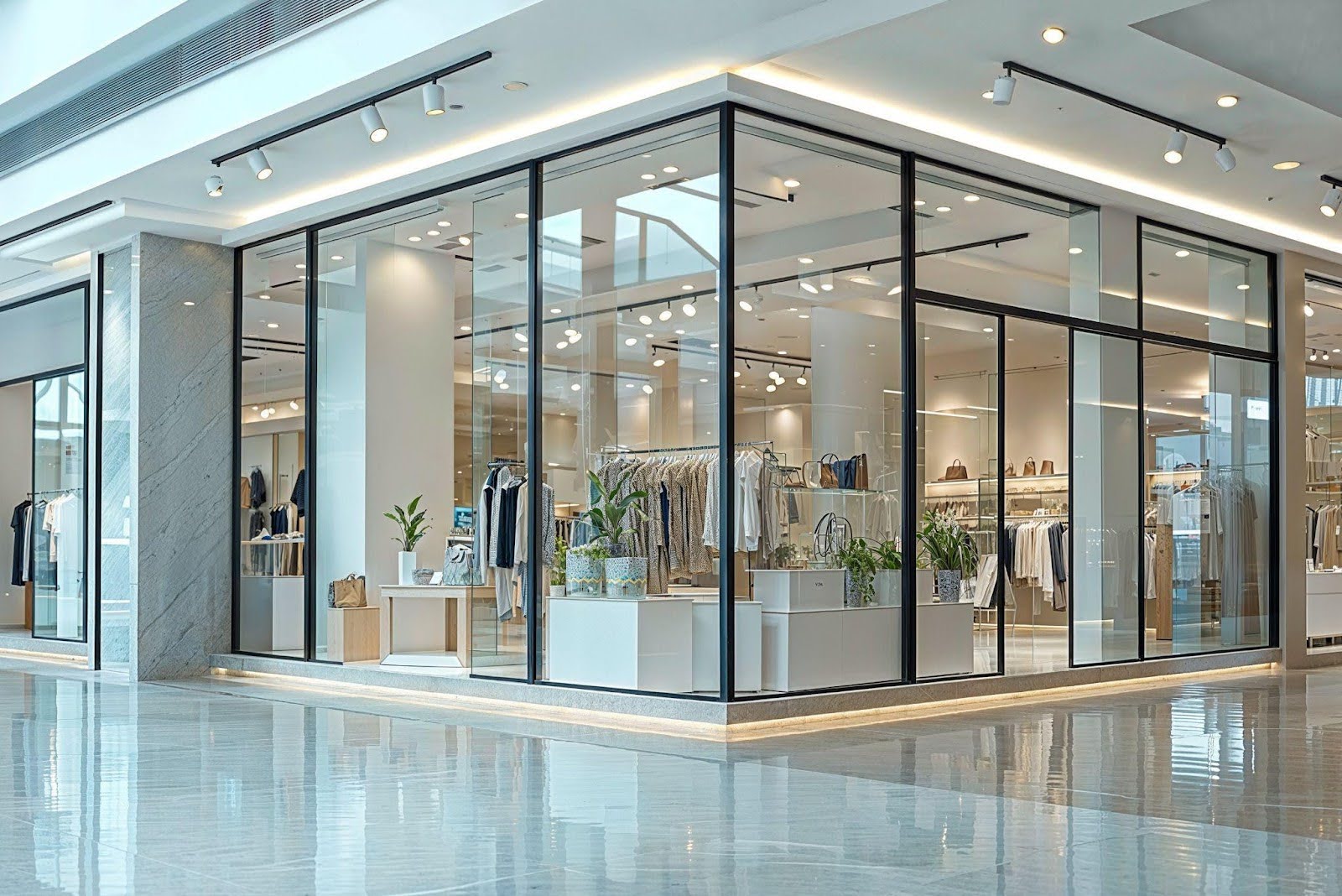 Expansive glass storefront with a significant window providing a clear view of the interior space