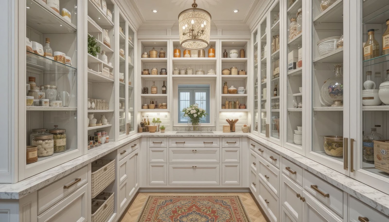 Luxurious walk-in pantry with glass-fronted white cabinets, marble counters, chandelier, and organized jars.